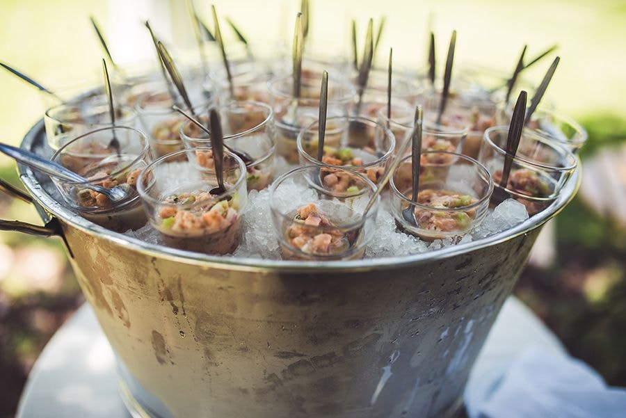 Ceviche appetizer shots chilled on ice