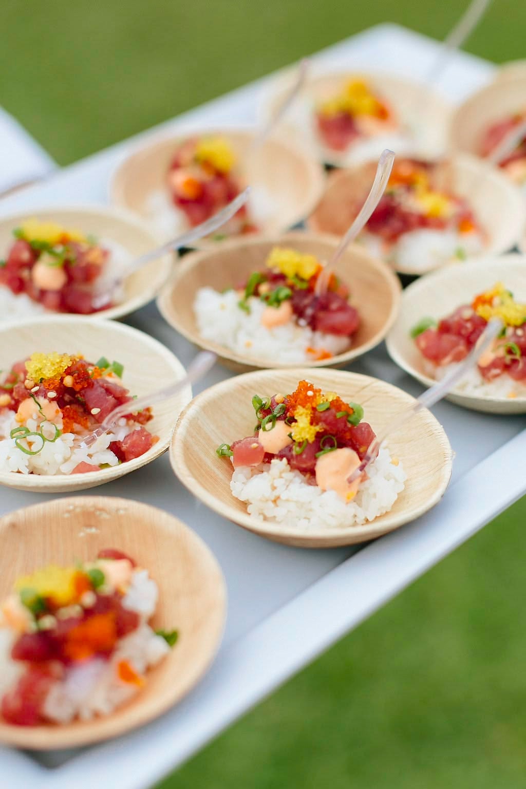 Ahi tuna poke bowls with rice and garnish