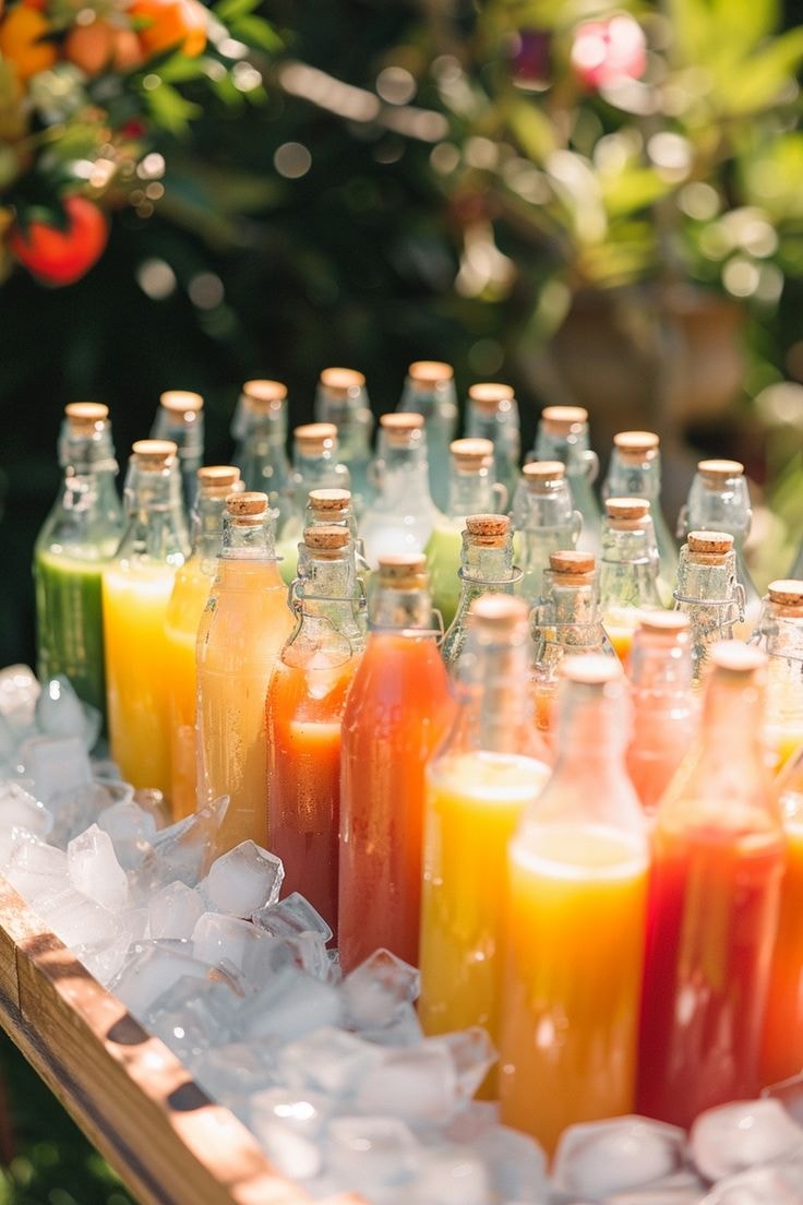 Colorful juice bottles at garden party